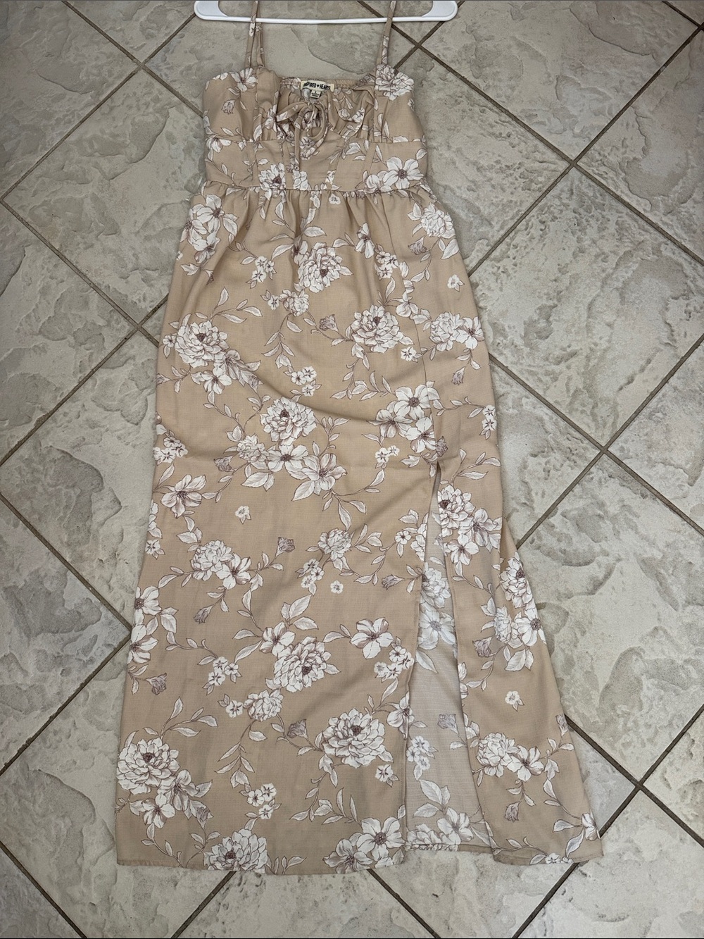 Inspired Hearts Beige Floral Maxi Dress with White Blooms